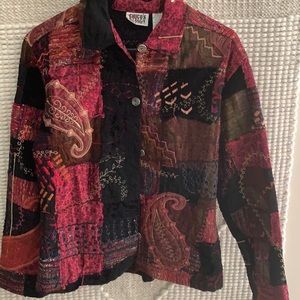 Patch work jacket, burgundy and black